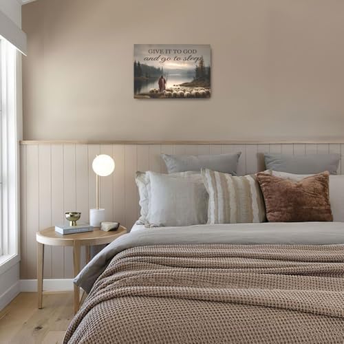 Jesus with Lamb Wall Art Jesus and Lamb Wall Decor Pictures Religious Christian Canvas Prints Painting God Faith Artwork Give it to God and Go to Sleep Decoration for Bedroom Framed Gifts 16"x24"