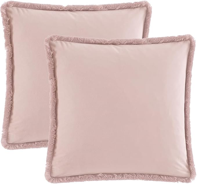 JUSPURBET Pink Velvet Throw Pillow Covers 20x20 Inch Set of 2 with Soft Tassel Fringe Luxury Boho Pillowcase for Sofa Couch Bed Home Decor Machine Washable