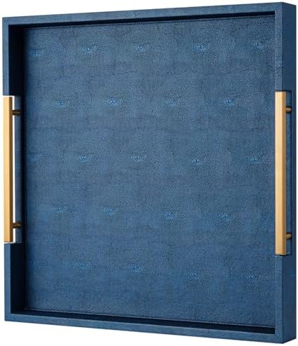 Navy Blue Faux Leather Large Square Decorative Serving Tray with Handles – for Coffee Table, Ottoman, Living Room, Bathroom & Home Decor