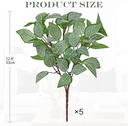 Hollyone 5 Bundles Artificial Greenery Plants Stems Faux Fittonia Leaves Plant Bouquet Fillers for Arrangement, Fake Shrub Bushes Plants for Home Centerpiece Indoor Outdoor Garden Patio Porch