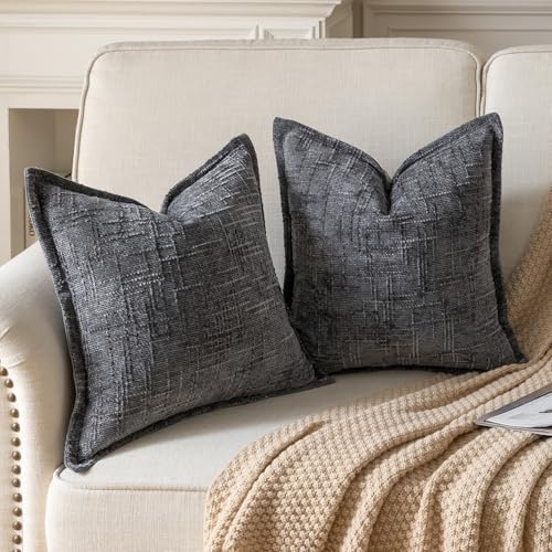Yaertun Chenille Throw Pillow Covers 24x24 Inch Set of 2 Textured Broadside Soft Cozy Velvet Pillow Covers Modern Farmhouse Boho Decorative Pillow Cases for Couch Bed Sofa Livingroom Dark Gray