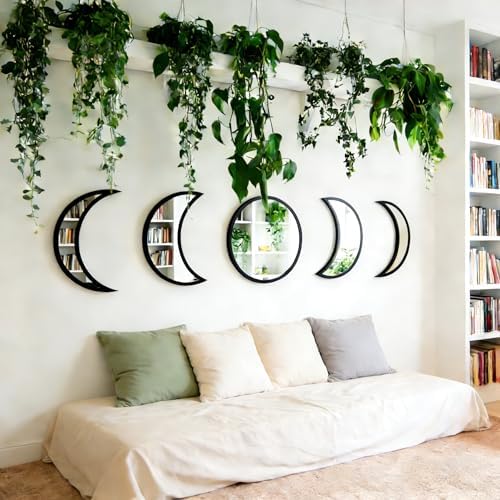 5-piece Set of Moon Phase Mirror Decorations in Nordic Style, Acrylic Mirror paired with Wooden Combination, Bohemian Style Living Room Bedroom Home Decoration, Black (Black)