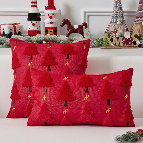 UGASA Star Christmas Decorative Pillow Covers 12x20 Inch Set of 2 Soft Plush Faux Fur Jacquard Throw Pillows Pillowcases for Couch Sofa Holiday Festivals Winter Home Decor, Red