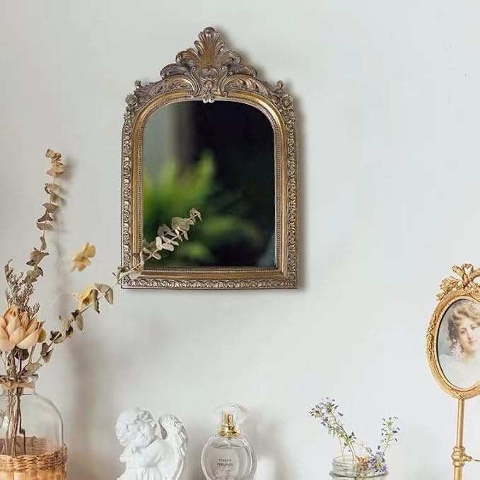 Bronze Vintage Vanity Desk Makeup Mirror Antique Decorative Wall Mirror,Resin Carved Arched Mirror for Living Room,Bedroom Dresser,Home Decor ﻿ (Large)