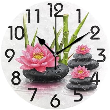 Naanle 3D Beautiful Bamboo and Stones on Water Print Round Wall Clock Decorative, 9.5 Inch Battery Operated Quartz Analog Quiet Desk Clock for Home,Office,School