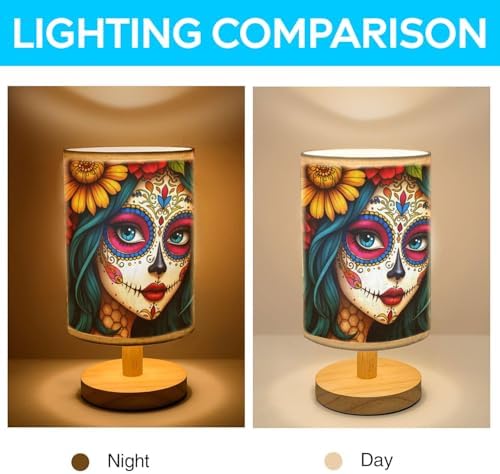 Sugar Skull Girl Table Lamp LED 3-Color Pressed Bedside, Sugar Skull Girl Shade Lamp with Wood Base for Bedroom Living Room Desk Office TL01