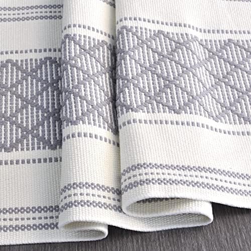 Boho Small Coffee or Dining Table Runner with Tassels 14 x 48 Inches, Gray & Cream White | Woven Washable Dresser Scarf for Bedroom | Farmhouse Table Topper Centerpiece Decorations Grey