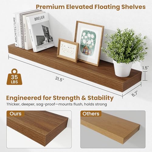 Fun Memories Bathroom Shelves 32 Inch Long Set of 2, Floating Shelves for Wall with Invisible Brackets, for Bedroom, Living Room, Kitchen, Walnut