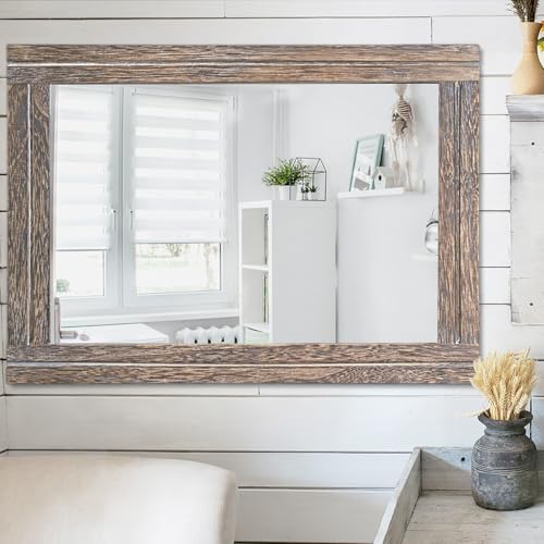 AAZZKANG Large Mirror with Wood Framed 28"x20" Rectangle Rustic Wall Mirror Decor for Bedroom Bathroom Living Room Entryway