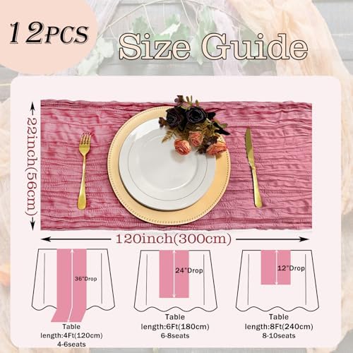 12 Pack Dusty Rose Cheesecloth Table Runner Rustic Gauze 22x120 inch Long Table Runner for Wedding Bridal Shower Birthday Party Banquet Boho Decoration(#32)