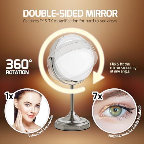 OVENTE 7'' Lighted Magnifying Makeup Mirror, Nickel Brushed MCT70BR1X7X | Cordless Tabletop Vanity Mirror with 1X/7X Magnification, Battery Operated, 360° Swivel Design, Cool-Tone LED Lights