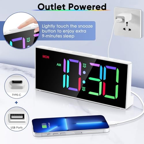 Alarm Clock with Large Display Big Numbers,5 Levels Brightness，Snooze,USB Charging Port,LED and Mirror Desk Clock,Dual Alarms Modern Electronic Clock for Bedroom Home Living Room Office. (White)