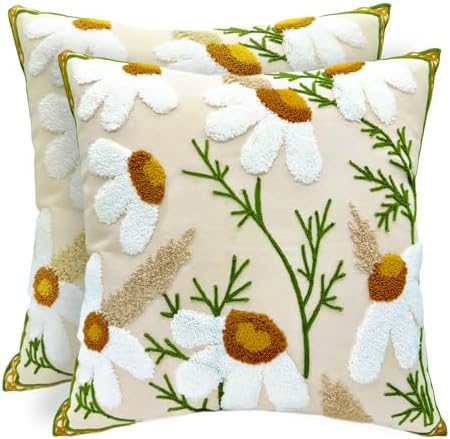 Alysheer Floral Embroidered Throw Pillow Cover 18"x18" Set of 2 White Daisy