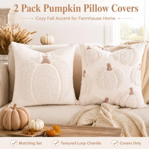 GEEORY Fall Tufted Pumpkin Pillow Covers Set of 2 16x16, Farmhouse Beige
