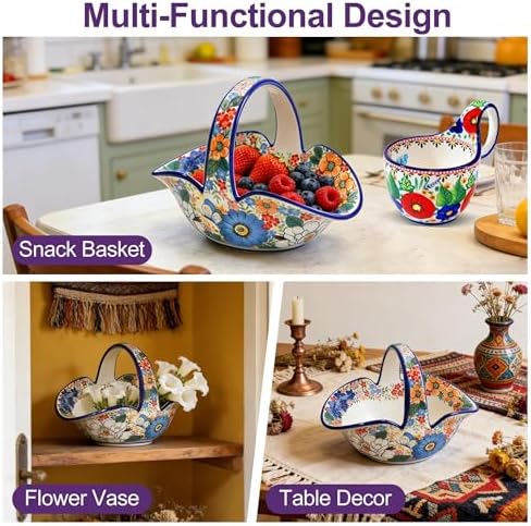 Ceramic Fruit Basket with Handle, Small Decorative Table Candy Bowl