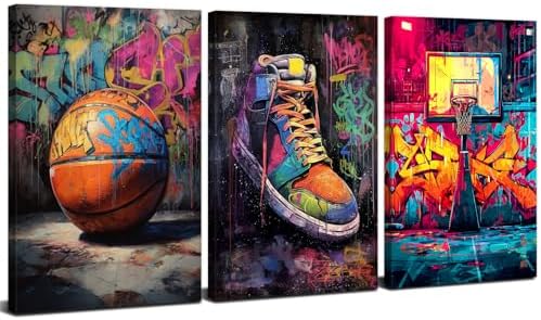 Basketball Graffiti Canvas Wall Art Abstract Banksy Sports Wall Decor for Teen Boys Room Street Pop Art Retro Basketball Court Posters Prints Artwork Man's Bedroom Playroom Decorations 16x24 3Pcs
