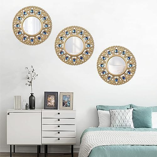 DXYAKY Gold Round Decorative Wall Mirrors Set of 3, Lightweight Plastic Framed Mirrors with Blue Crystal Accents, 9.8 Inch Vintage Boho Wall Decor for Livingroom, Bedroom, Entryway