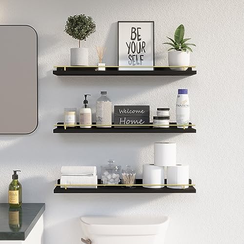 WOPITUES Floating Shelves 24 inch for Wall Decor Set of 3, Black and Gold