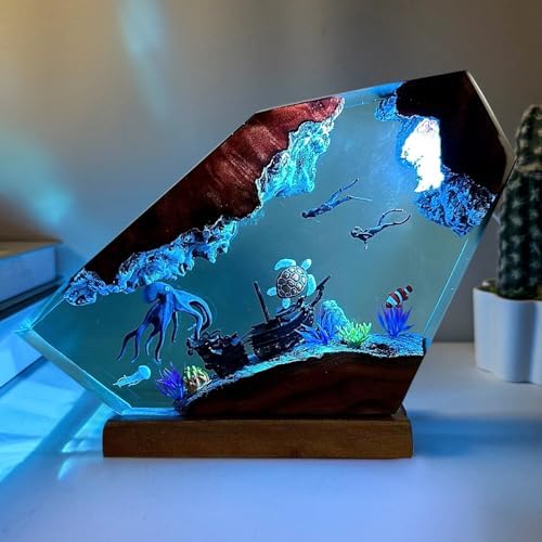 Handcrafted Octopus Resin Lamp, RGB Ocean Lamp with Wooden Base