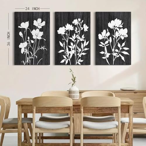 Black and White Silhouette Wall Art Abstract Flower Pictures Wall Decor Farmhouse Botanical Canvas Prints Rustic Floral Painting Poster Modern Artwork for Bedroom Living Room Decoration 24x36" 3Pcs