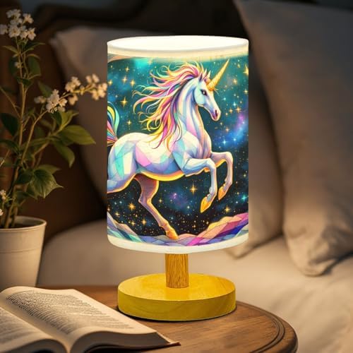 Unicorn Table Lamp LED 3-Color Pressed Bedside, Unicorn Shade Lamp with Wood Base for Bedroom Living Room Desk Office TL01
