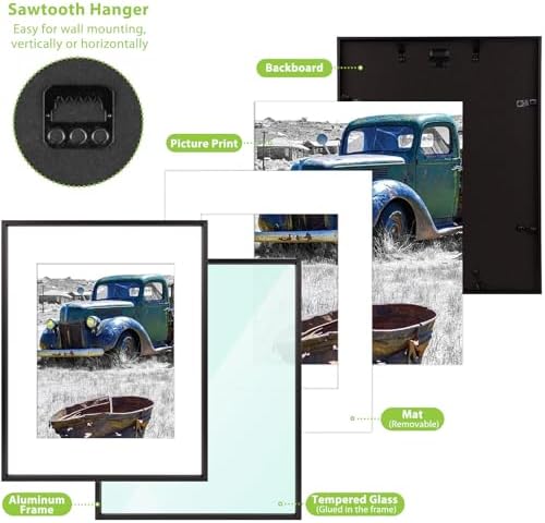Golden State Art 11x14 Black Aluminum Frame, Real Glass, Mat Fits 8x10