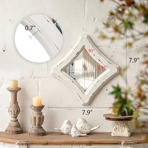 Farmhouse Small Decorative Mirrors for Wall Decor 7.9 inch | Hanging Distressed White Vintage Wood Frame Bedroom Mirror, Rustic Rhombus Wall Mounted Mirror for Home Decor Living Room
