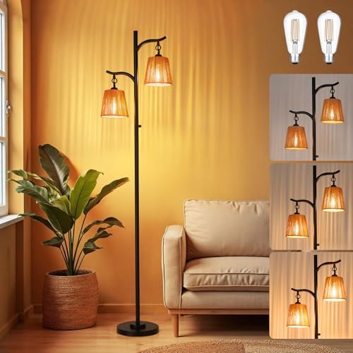9MMML Rattan Floor Lamp for Living Room, Boho Floor Lamp with 2 Hanging Wicker Lamp Shade, 67'' Farmhouse Dimmable Black Standing Lamp with Rotary Switch for Bedroom, 2 x 800LM LED Bulbs Included