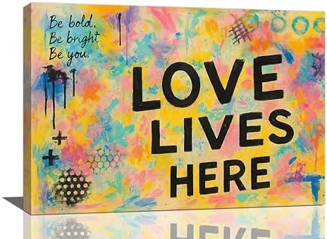 Crekviy Banksy Wall Art Street Graffti Wall Decor Romantic Love Canvas Prints Painting Love Lives Here Artwork Decorations for Bathroom Bedroom Living Room Framed Gifts 16"x24"
