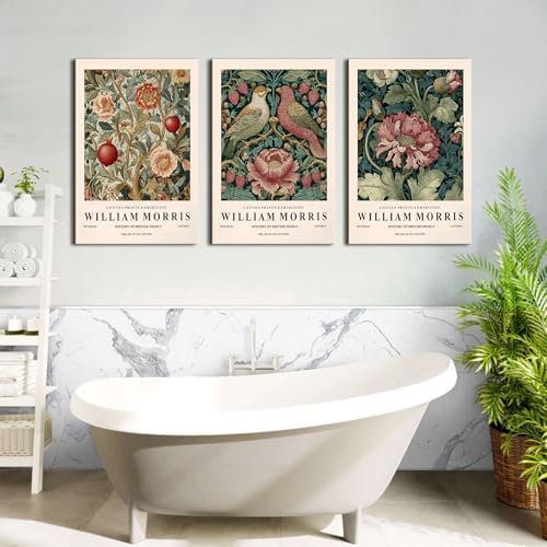 Vintage William Morris Wall Art Natural Peony Flowers Canvas Painting for Living Room Abstract Bird Wildflower Paintings Picture Wall Decor Colorful Floral Poster Prints for Bedroom Decor 16x24 3Pcs