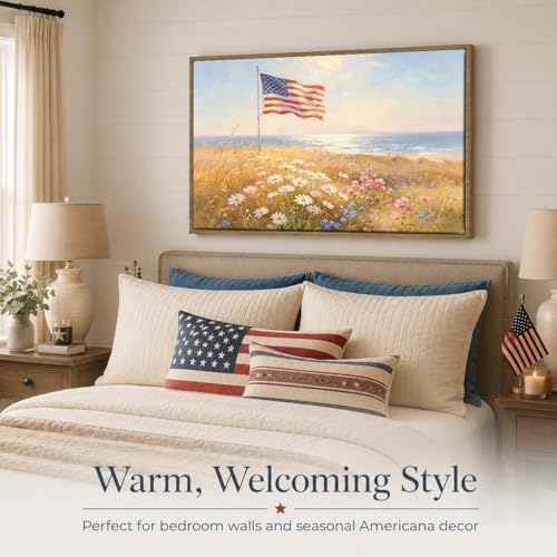 American Flag Framed Canvas Wall Art, 4th of July Floral Canvas Prints | Wildflower Landscape Poster Print, Vintage Rustic Independence Day Wall Decor for Bedroom Living Room Office 12×16in