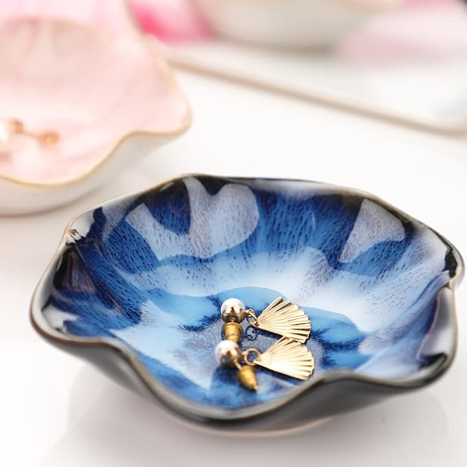 Binoster Gifts for Women Ceramic Jewelry Dish,Leaf Jewelry Tray Key Tray,Small Ring Dish Holder Decorative Jewelry Plate Trinket Dish Catchall Tray Nightstand Decor for Entryway Blue Table Room Decor