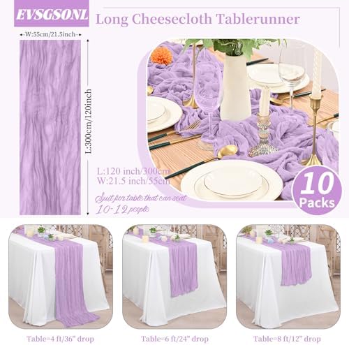 10 Pack Light Purple Cheesecloth Table Runner Long,21.5 x 120 Inch
