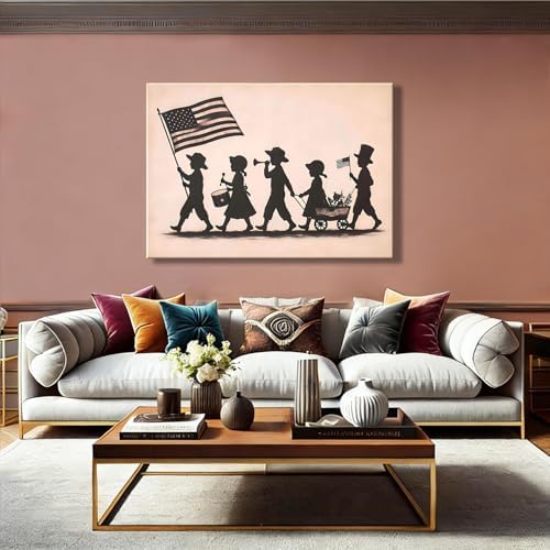 RIBNTAK Vintage Kids Patriotic Parade Wall Art for Kids Room, American Flag Silhouette Poster for Home Office Decor, 4th of July Pictures Wall Decor, Unique Independence Day Canvas Prints