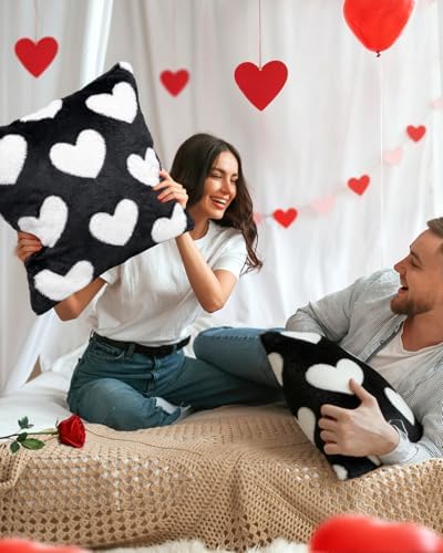 Valentines Pillow Covers 18x18 Inch Set of 2 - Plush Faux Fur Black White Love Hearts Valentines Day Jacquard Throw Pillow Covers Decorations Soft Home Decor for Couch, Sofa, or Bed