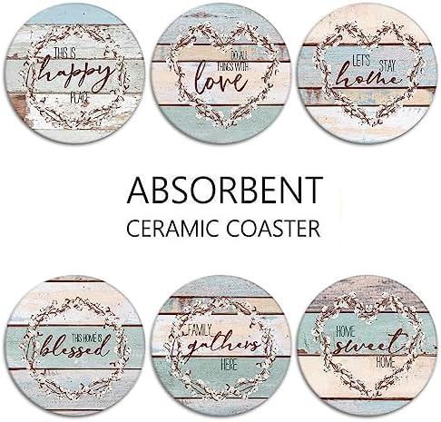Coasters for Drinks, Set of 6, Ceramic Stone Vintage Blessed Love