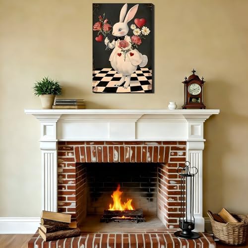 RIBNTAK Large Rabbit with Rose Easter Wall Art 24x36 In, Sweet Spring Bunny Painting Canvas Prints for Mantle Decor, Bunny Pictures for Living Room, Kitchen, Holiday Home Decoration