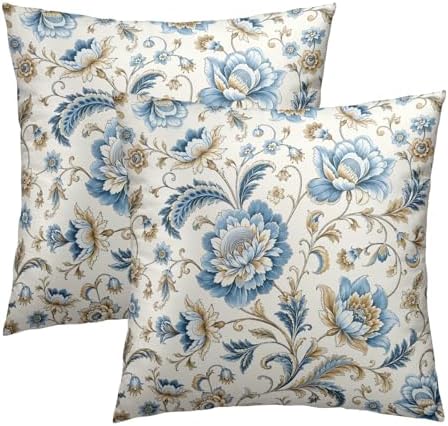 Blue Flowers Chinoiserie Print Throw Pillow Covers 24x24 Inch Set of 2 Vintage Floral Boho Cottage Spring Fall Decor Cushion Cover Neutral Accent Modern Pillowcase for Home Bedroom Sofa Couch