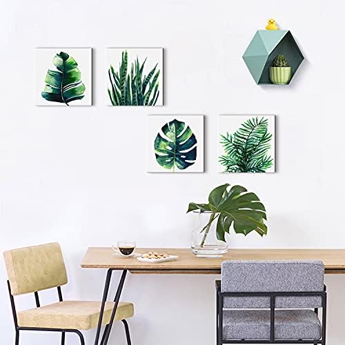 Nature Wall Art Green Plant Wall Decor Tropical Botanical Leaves Pictures Canvas Prints Bedroom Minimalist Boho Sage Monstera Leaf Painting Artwork for Bathroom Living Room Home Decorations 8x8” 4 Pcs