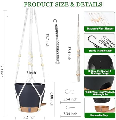 8 Inch Self Watering Hanging Planter for Indoor Outdoor Plants, 2 Pack