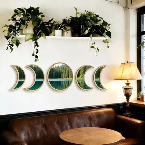 5-Piece Set of Moon Phase Mirror Decorations in Nordic Style, Acrylic Mirror paired with Wooden Combination, Bohemian Style Living Room Bedroom Home Decoration, Beige (Beige)