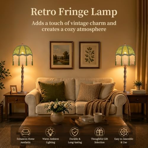 Vintage Table Lamps For Living Room Dimmable Retro Bedside Nightstand Lamps With Victorian Fringe,Small Wood Tall Desk Table Light Mid Century Modern Table Lamp for Bedroom Living Room