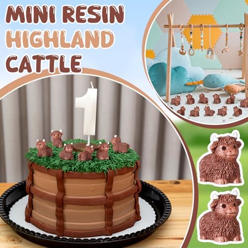 Wesiti 100 Pcs Mini Resin Highland Cow Tiny Cow Figurines Bulk Mini Small Animal Decor to Hide for Cake Decorations Cute Miniature Sculpture Micro Landscape Office Garden Desk Party Tabletop Decor