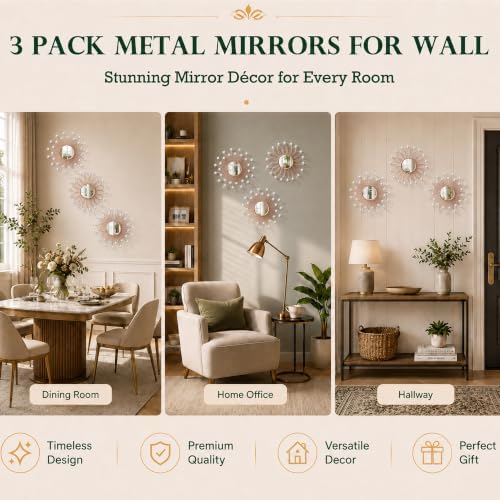 3 Pack Metal Mirrors for Wall Sunburst Wall Mirrors Home Décor Decorative Hanging Wall Art for Living Room Bedroom Entryway (Rose Gold2 Crystal, Flower+Sunburst)