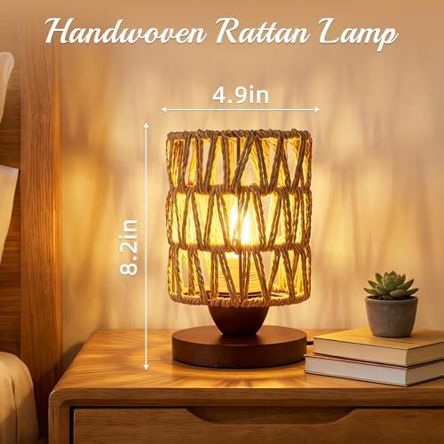 Small Rattan Lamp for Bedroom,Dimmable LED Boho Table Lamp for Living Room