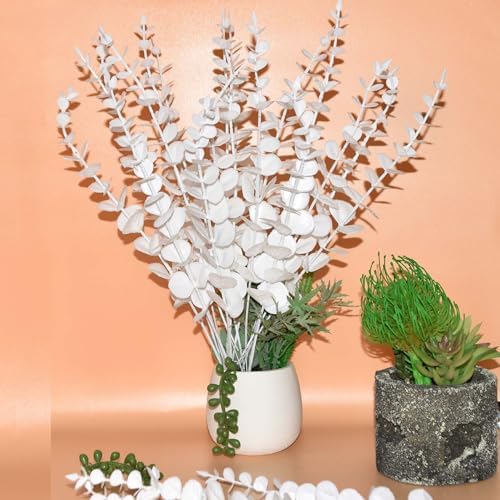 White Eucalyptus Stems Faux Eucalyptus Leaves for vase White Flowers for Wedding Bouquet Centerpiece Flower Floral Arrangement Home Decoration (36, White)