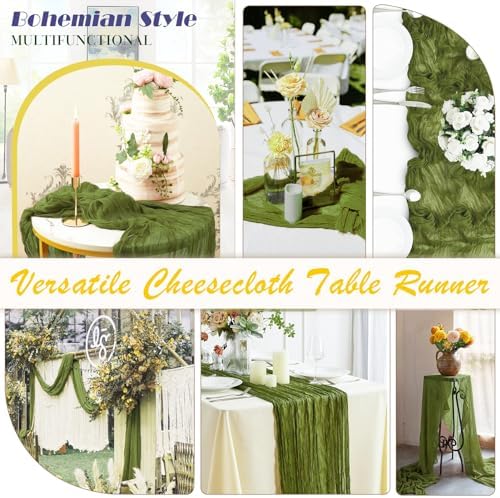 Olive Green Cheesecloth Table Runner 6 Pack 35" Boho Gauze Runner 120 inches Long Runner Rustic Sheer Fabric Bulk for Baby Shower Wedding Bridal Birthday Party Table Decorations