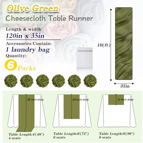 Olive Green Cheesecloth Table Runner 6 Pack 35" Boho Gauze Runner 120 inches Long Runner Rustic Sheer Fabric Bulk for Baby Shower Wedding Bridal Birthday Party Table Decorations