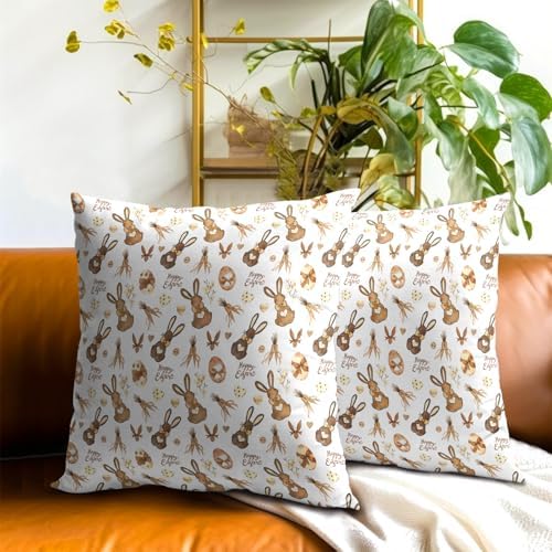 Easter Bunny Pillow Covers 2 Pack 16x16 inch Rabbit and Eggs Cotton Throw Pillow Cases Spring Happy Holiday Decorative Cushion Covers for Sofa Couch Bed