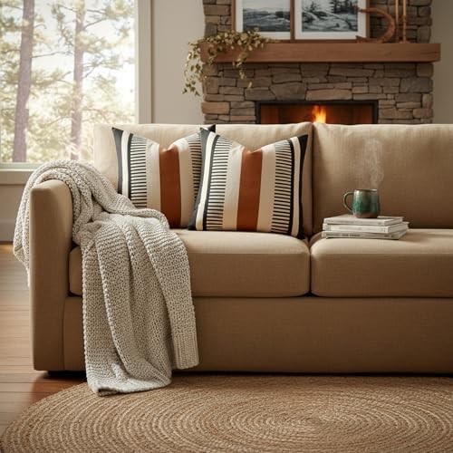 Set of 2 Farmhouse Striped Pillow Cover 18x18 Boho Accent Cushion Case Faux Leather Decorative Pillowcase,Black and Beige (Cover ONLY)